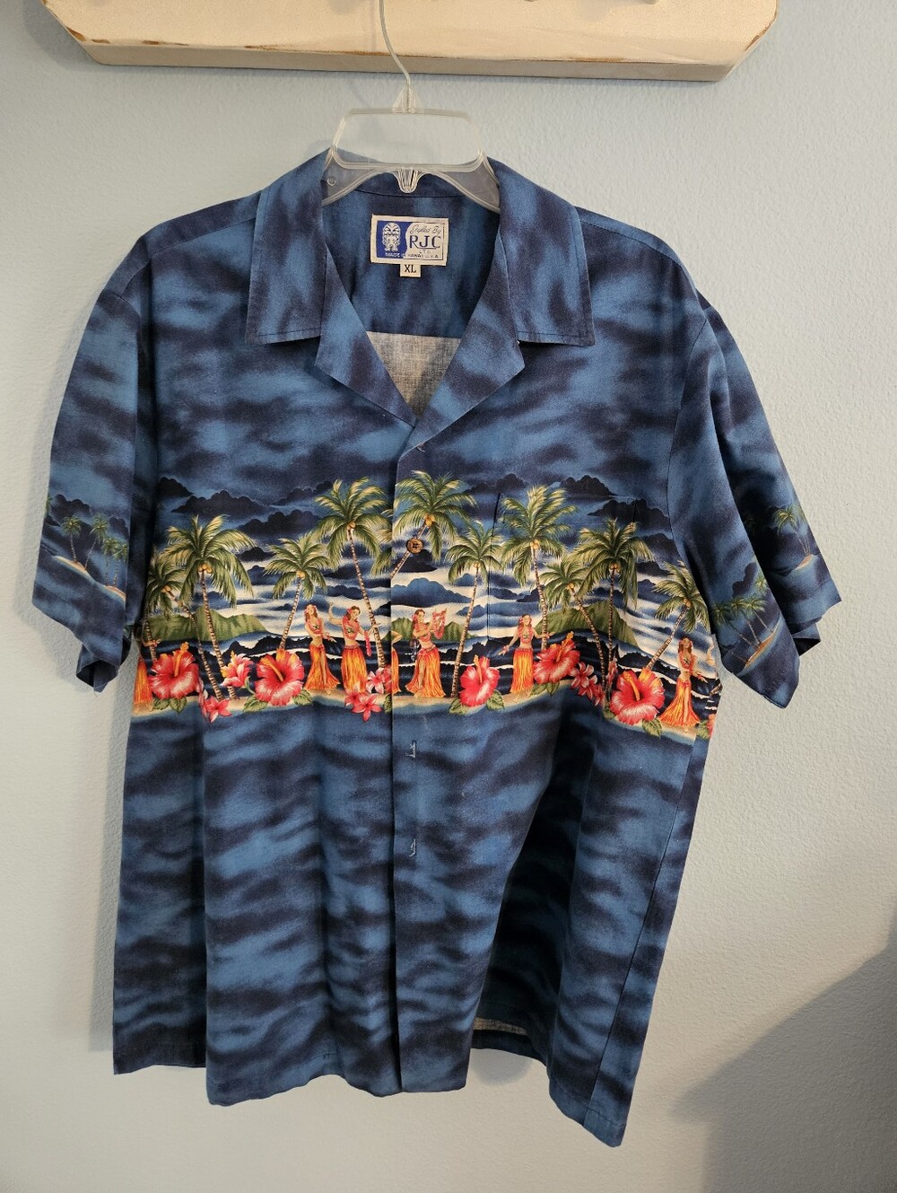 Vintage RJC Men's Blue Hawaiian Aloha Shirt with Palm & Hula Girl Print